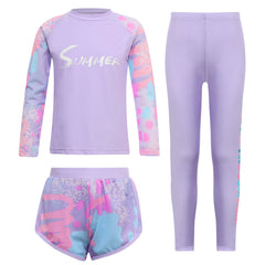 Kids Girls Swimsuit Rash Guard 3Pcs Sunsuit Outfit Long Sleeve Floral Tops Shorts Legging Child Sun Protection Pool Swimwear Set