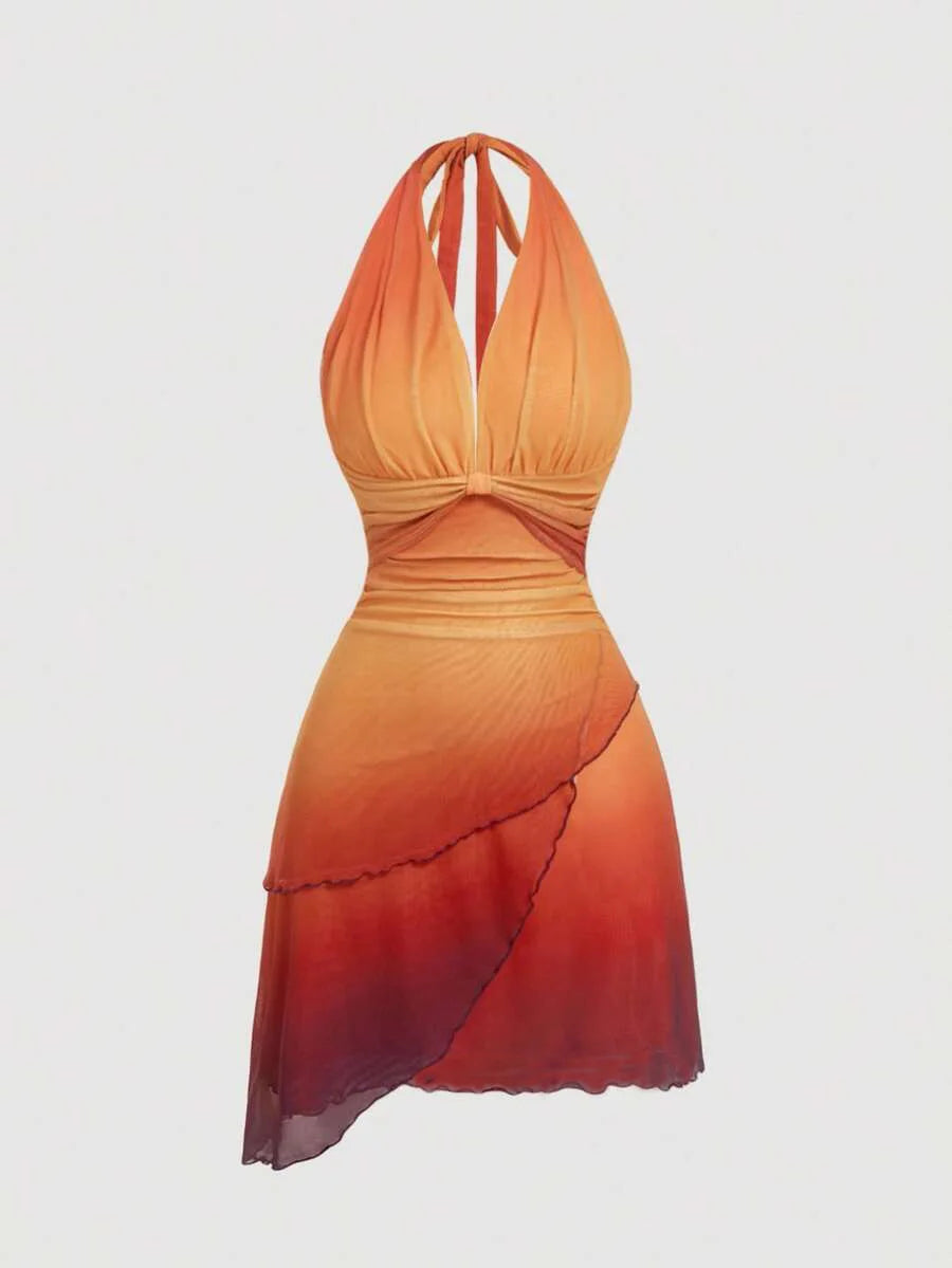 Gradient Bow Tie Strap Asymmetrical Backless Spaghetti Strap Dress