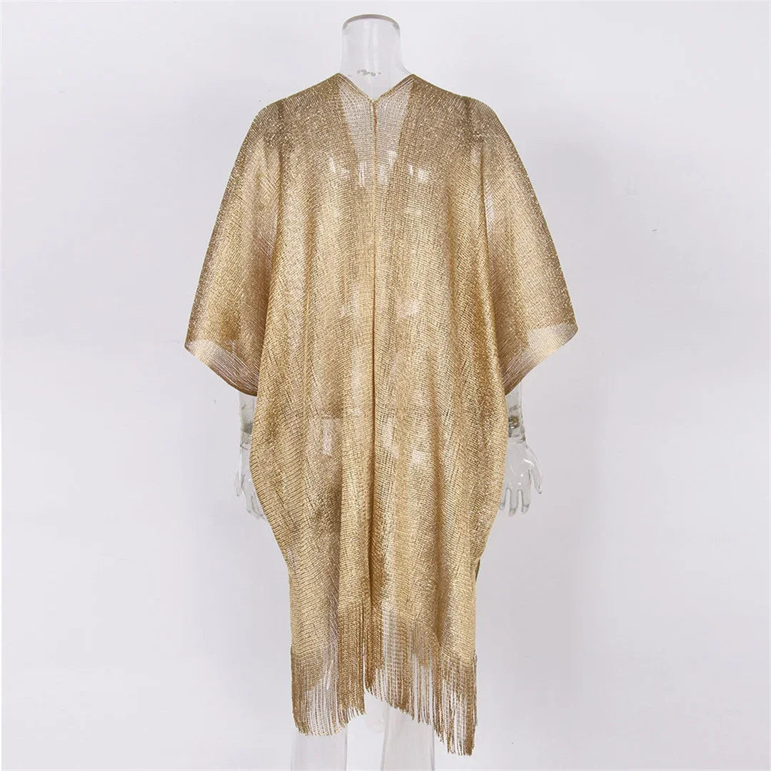 Sexy Fringe Tassel Sheer Knitted Beach Cover Up Dress Shiny Mesh Tunic for Women Swimwear Mesh Cover Lightweight Beach Dress