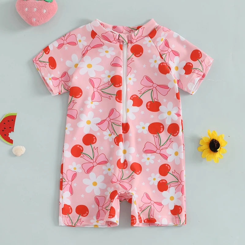 0-3Years Baby Boy Girl Rash Guard Swimsuits Fashion Print Short Sleeve Zip Up Rompers Bathing Suit Toddlers Swimwears Beachwear