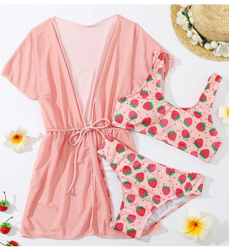 Girls Swimsuit 3 Pieces Swimwear for Kids Summer 2026 Children Bathsuits Beach Cover-Ups Bikini Sets Teenager Clothing