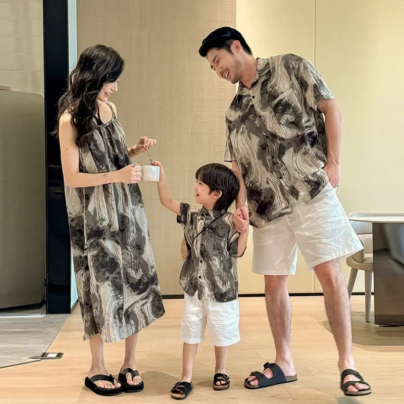 2025 Vacation Look Family Clothes Couple Beach Wear Brother Sister Dad Son Print Shirts Mom Daughter Matching Sleeveless Dress