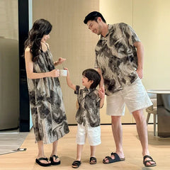 2025 Vacation Look Family Clothes Couple Beach Wear Brother Sister Dad Son Print Shirts Mom Daughter Matching Sleeveless Dress