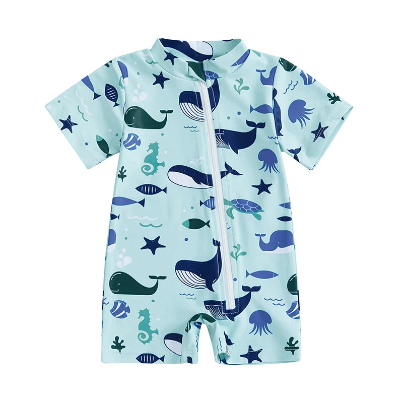 1-4Y Kids Baby Boys Rash Guard Swimsuit Toddler Dinosaur Whale Pattern Zip-up Short Sleeve Crew Neck Swimwear Beachwear
