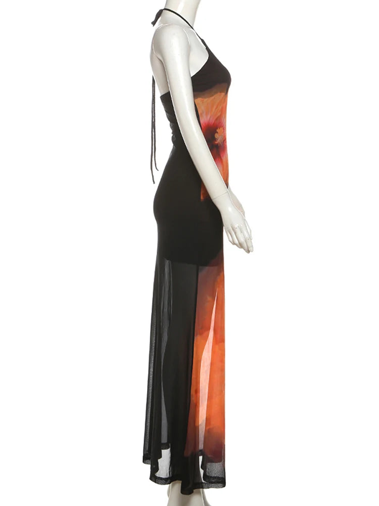 Weird Puss Beach Vacation Dress Women See Through Flower Print Halter Backless Bandage Sleeveless Party Club Stretch  Bodycon