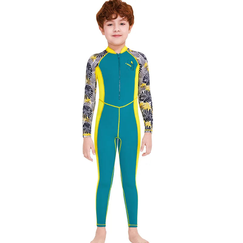 Girl Boy Swimwear Zipper One Piece Suit Kids Sunscreen Quick Drying Long Swimsuit Beachwear Bathing Suit(Including Swimming Cap)