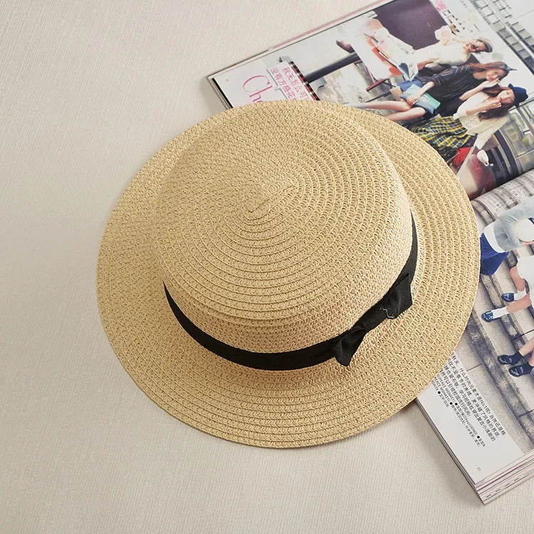COKPanama Simple Summer Beach Sun Protection Bowknot French-style Small Hat Women's Casual Flat-Brimmed Straw Hat with Bow，Women