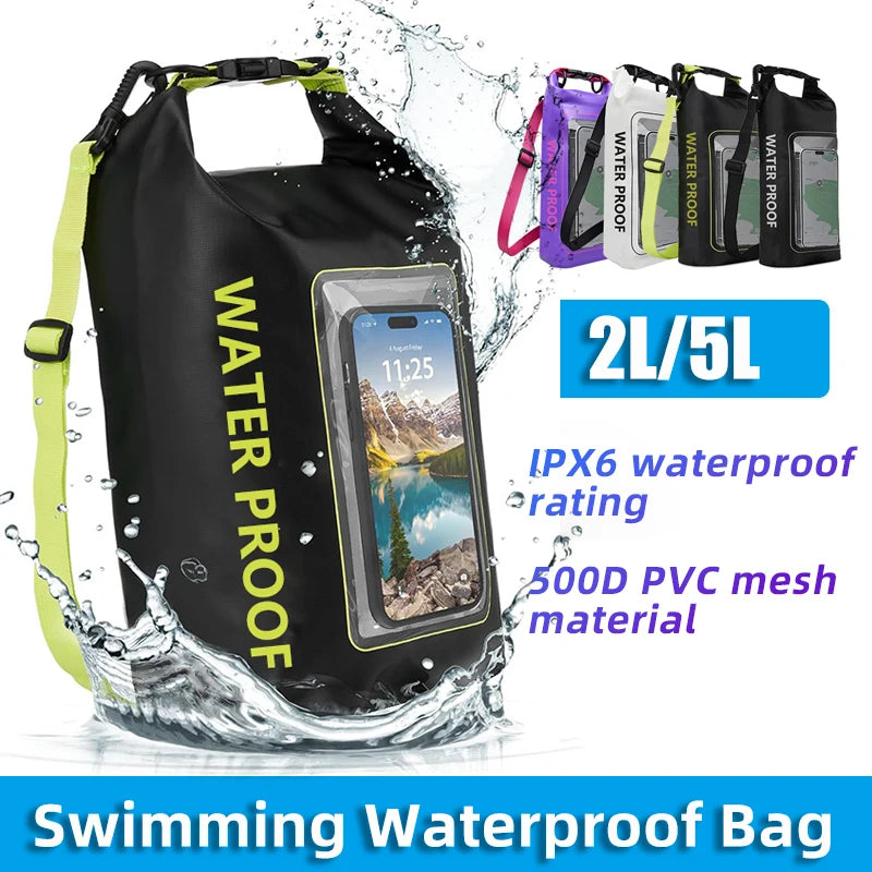 2L/5L Waterproof Dry Bag Touch Screen Swimming Waterproof PVC Bag Rafting Floating Outdoor Sport Bag Surfboard Kayak Storage Bag