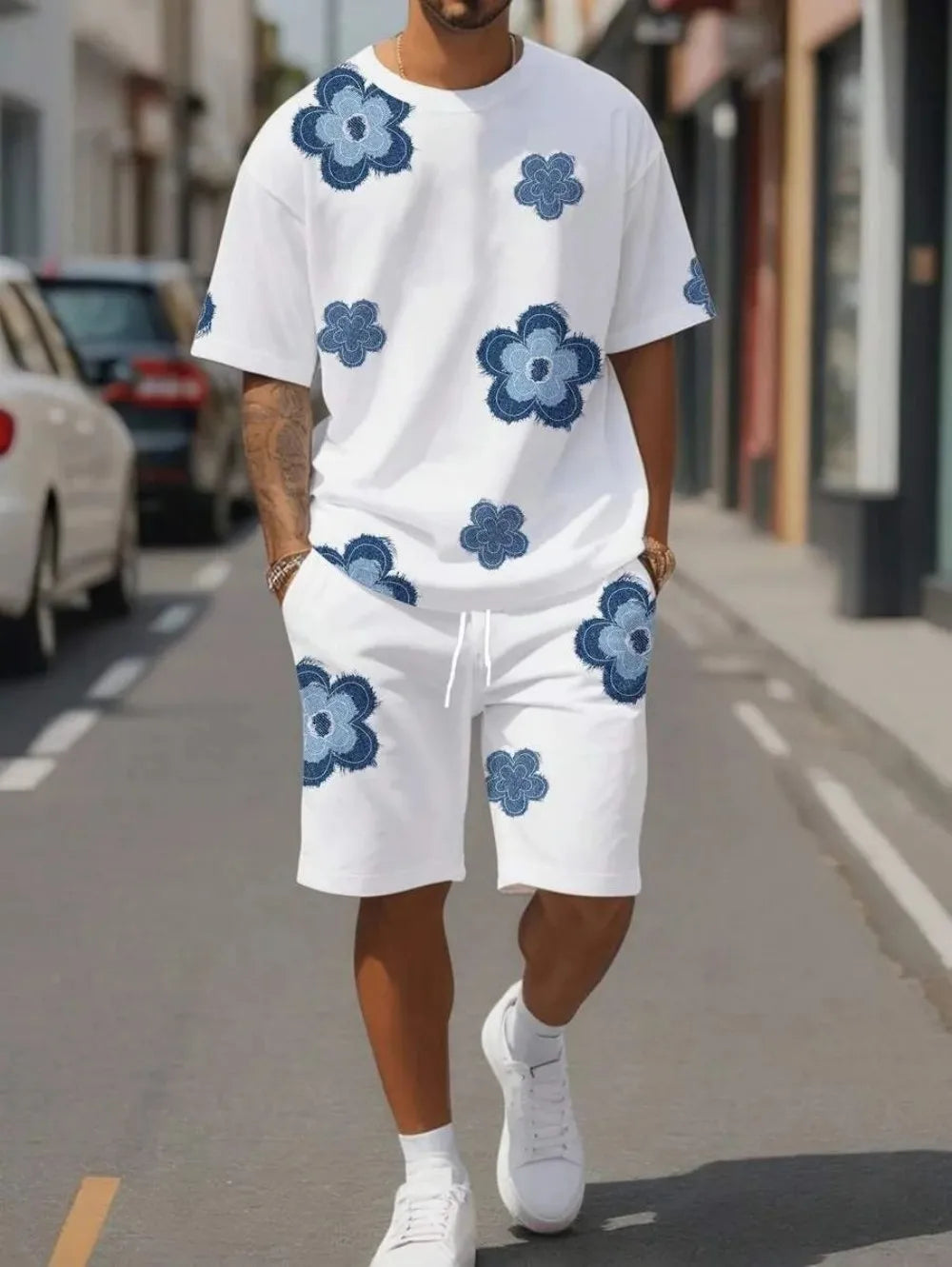Summer men's breathable and comfortable round neck T-shirt shorts with printed pattern outdoor casual two-piece set