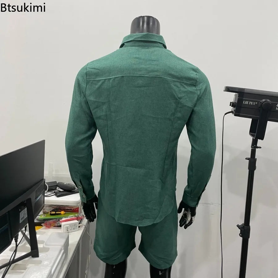 2026 Fashion Streetwear Men's Summer Comfy Cotton Linen Casual Suit Long-sleeved Shirt and Shorts Two-pieces Men Vacation Outfit