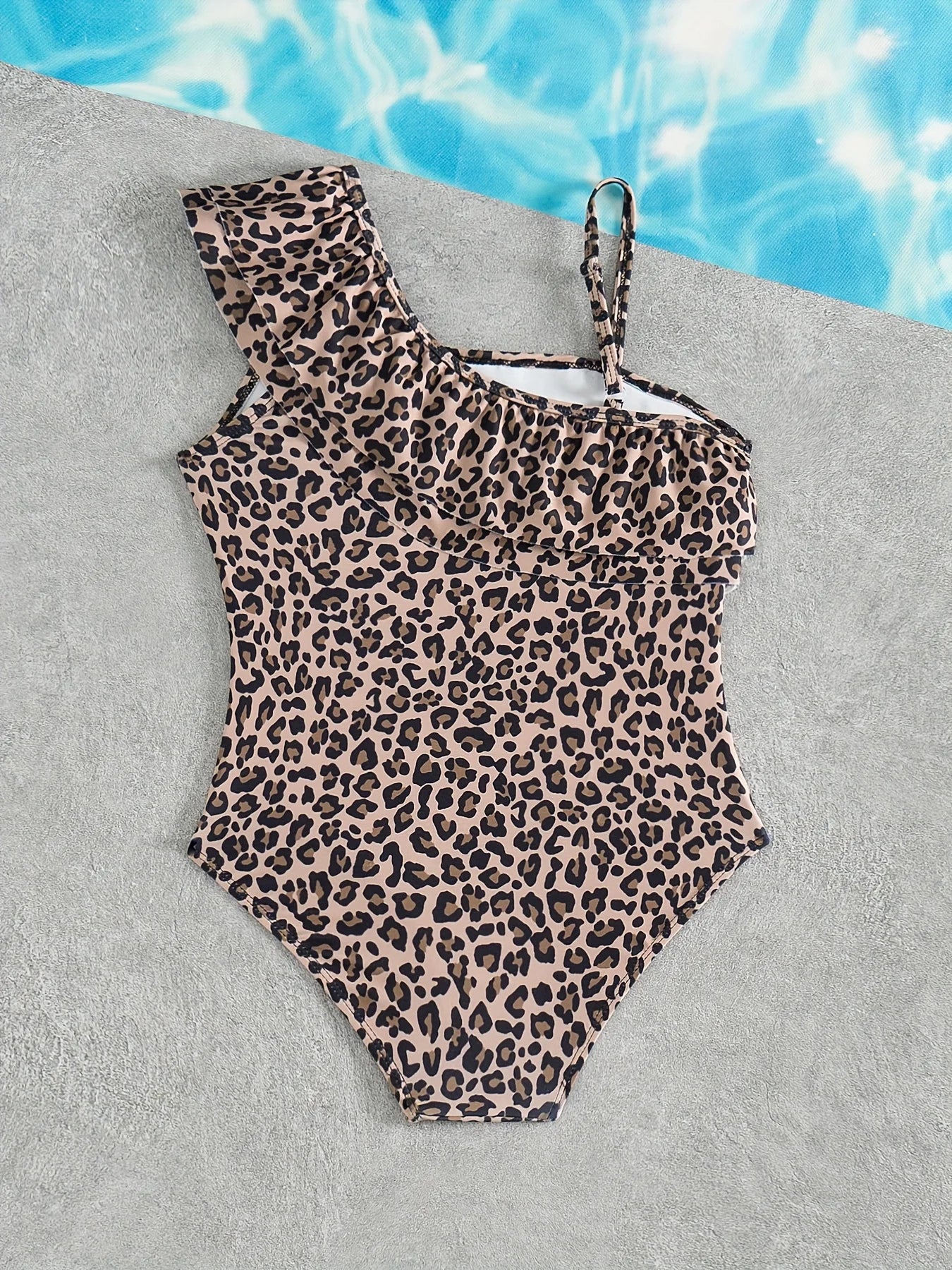 Girls' Off-Shoulder Ruffled One-Piece Swimsuit Children's Leopard Print Pool Beachwear