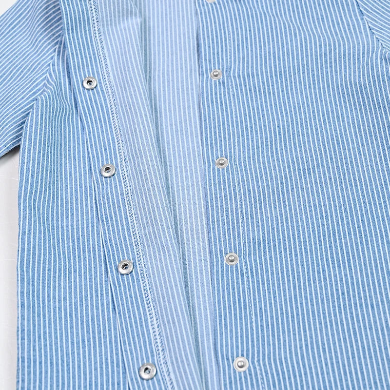 Kids Family Sibling Matching Pinstripe Clothes Set Girls Teenage Dresses Boys Shirt Baby Rompers Garment Washed Children Clothes
