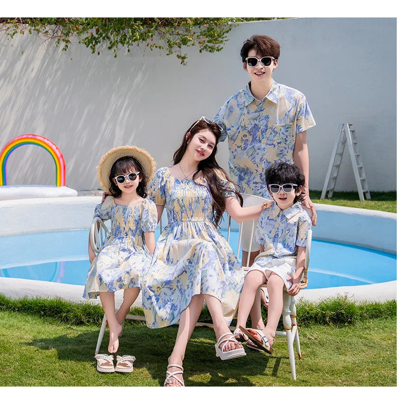 Vacation Couple Family Matching Outfit Dad Son Beach Shirts Mom Daughter Smock Dress Korean Parent-child Sister Brother Clothes