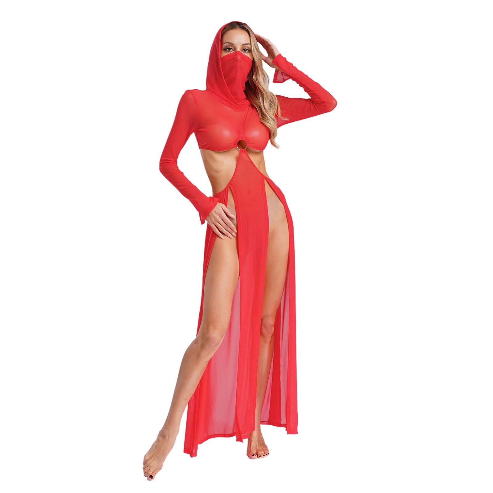 Women Sheer Dress with Hooded Face Mask Maxi High Slit Sexy Mesh Dress Long Sleeves Hollow Out Sheer Dress Cover Up Swimwear