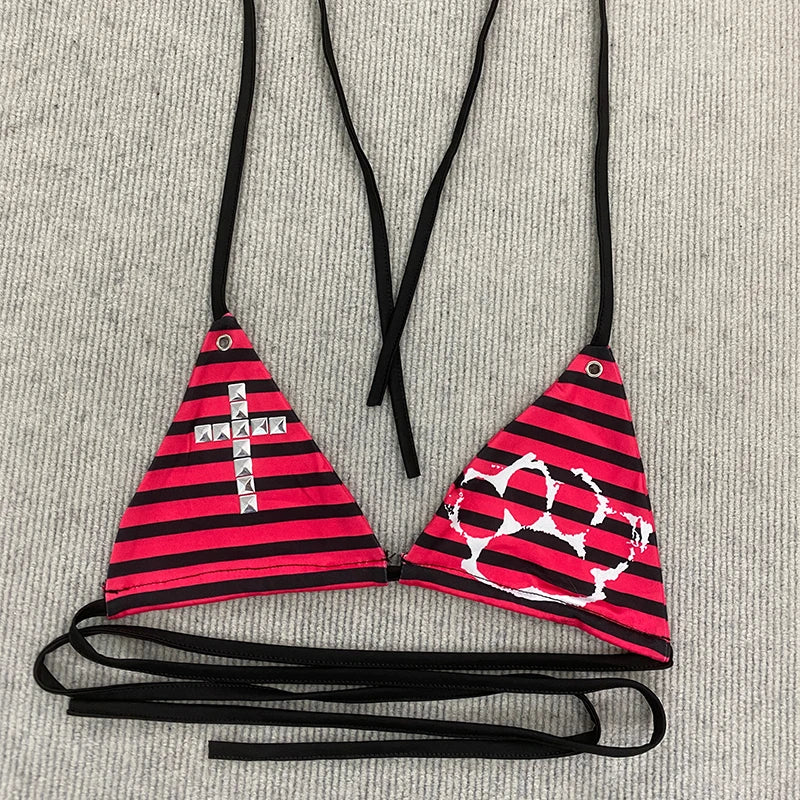 Striped Cross & Paw Print Bikini Set Women Triangle Halter Top Tie Side Bottoms Summer Y2K Punk Aesthetic Beachwear