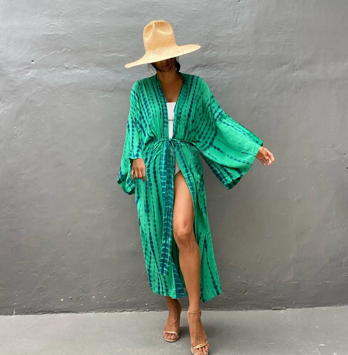 Women's Boho Stripe Tie Dye Swimsuit Cover Up with Belt Tunic Sarong Cardigan Dress Bikini Cover-ups Beach Wear Kimono
