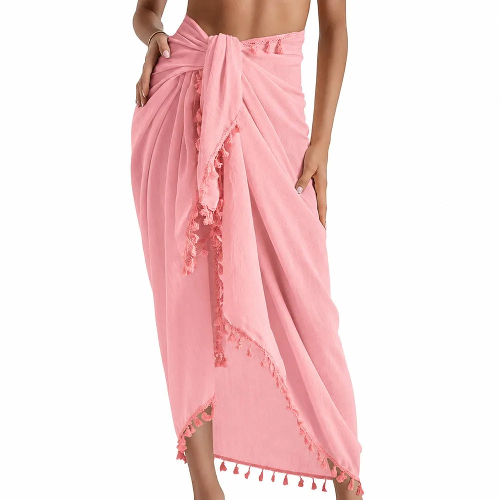 Solid Color Beach Wrap Skirt Sheer Design Quick Drying Sarong Beach Towel Knot Side Tassel Trim Bikini Cover Up
