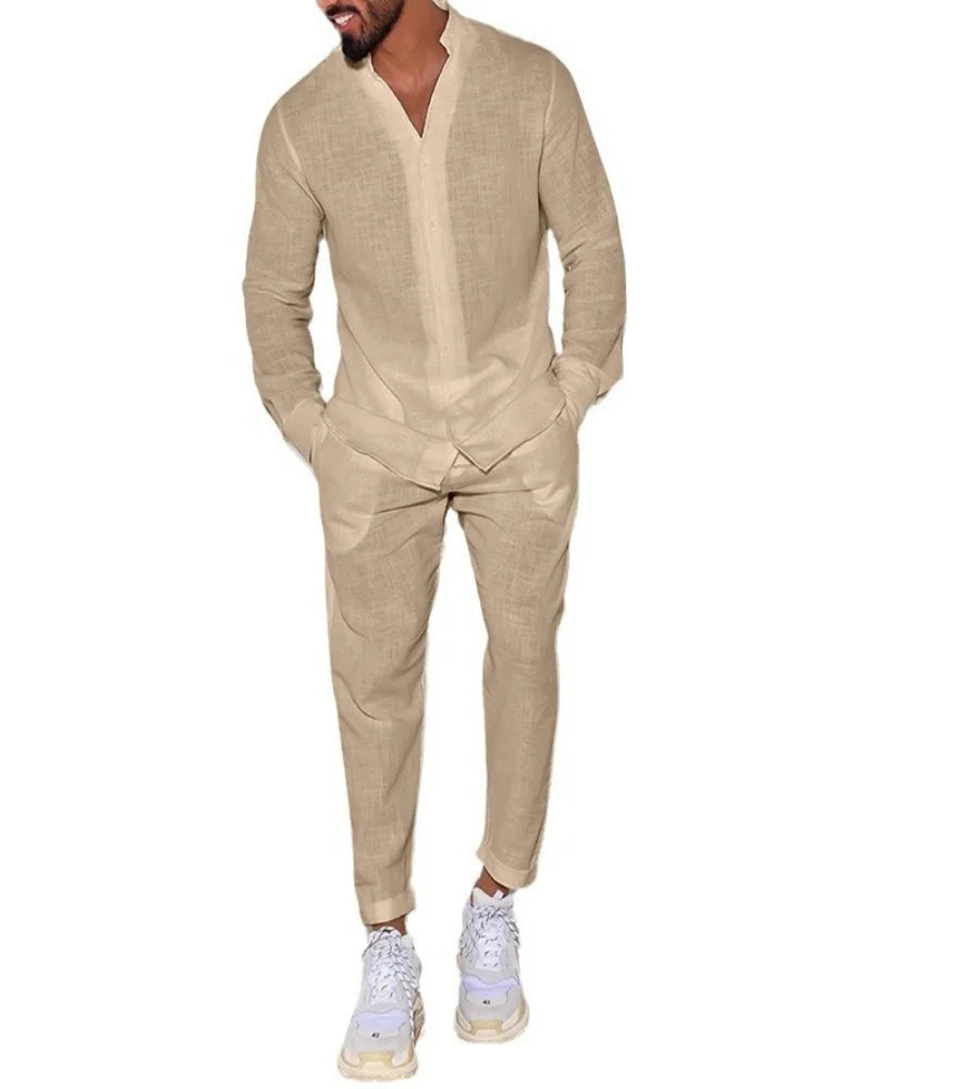 Men's casual cotton and linen suit, fashion comfortable linen solid color stand collar shirt street loose long sleeve two-piece