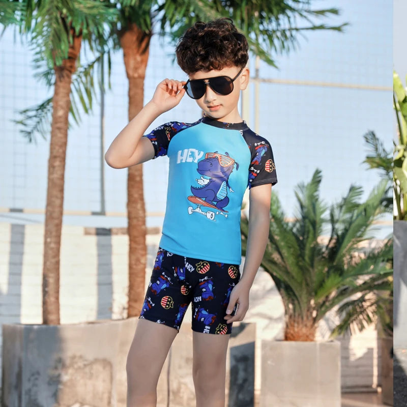 Kids Boy Swimsuit Summer Children Board Shorts Sets Boys Split Short Sleeve Quick Drying Boys Swimwear Beach Surfing Swimsuits