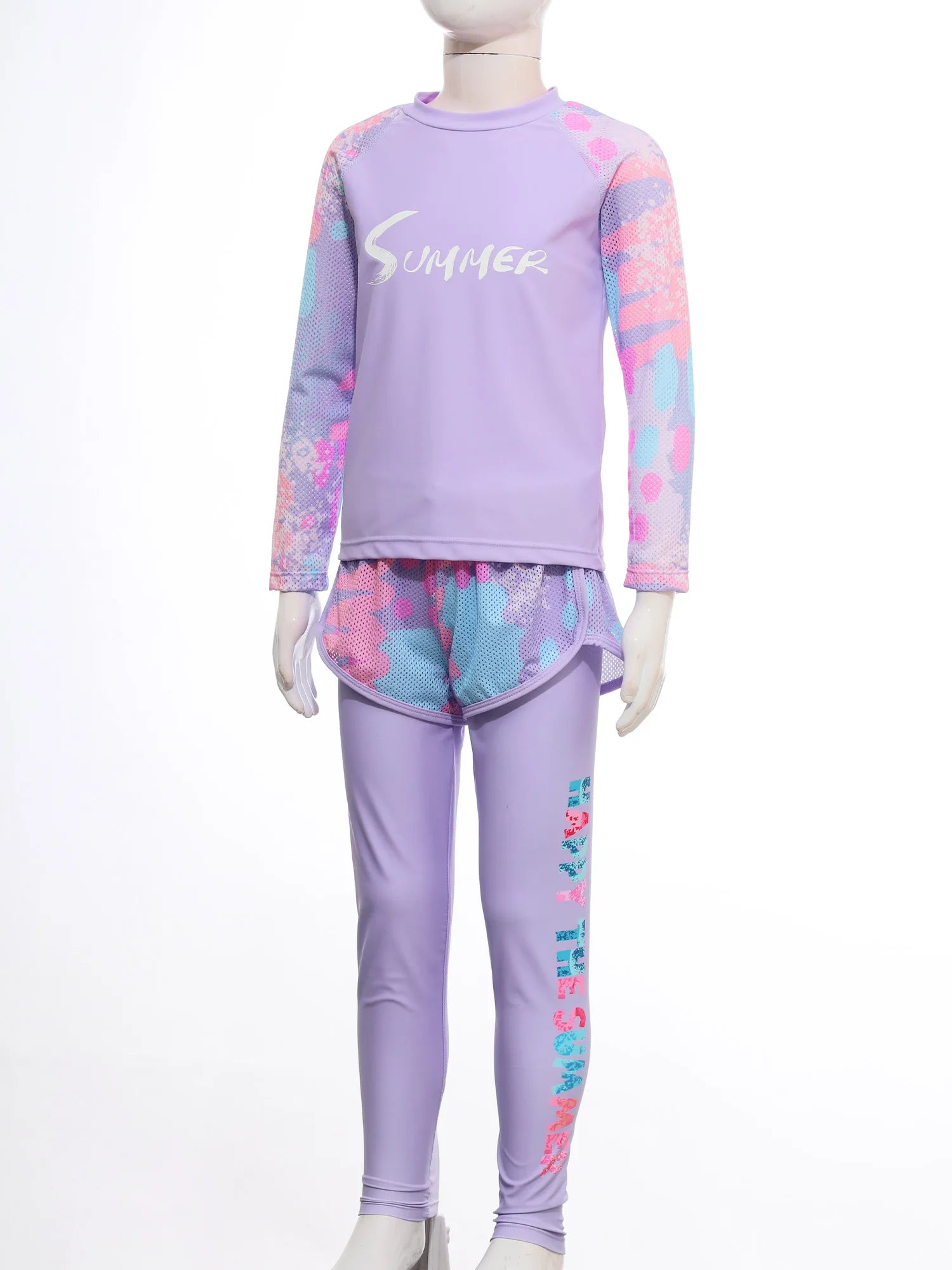 Kids Girls Swimsuit Rash Guard 3Pcs Sunsuit Outfit Long Sleeve Floral Tops Shorts Legging Child Sun Protection Pool Swimwear Set