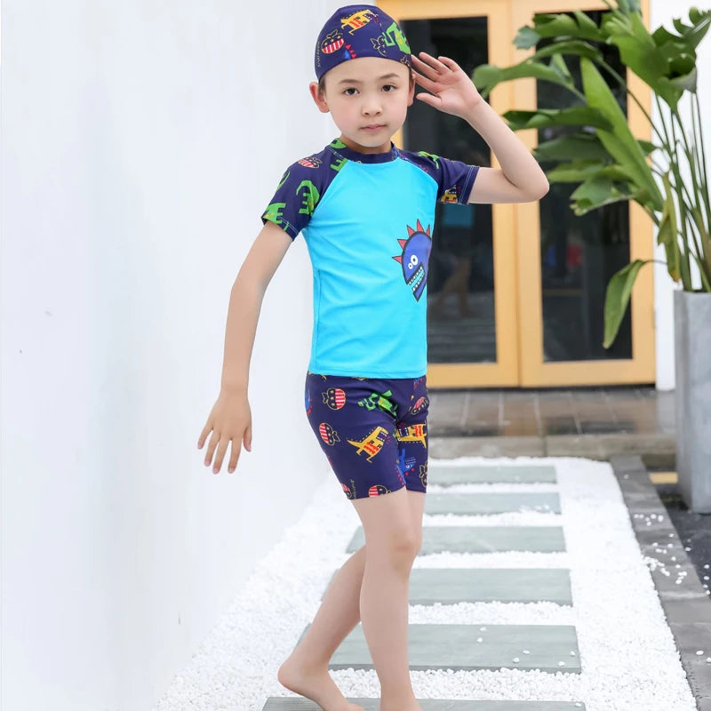 Kids Boy Swimsuit Summer Children Board Shorts Sets Boys Split Short Sleeve Quick Drying Boys Swimwear Beach Surfing Swimsuits