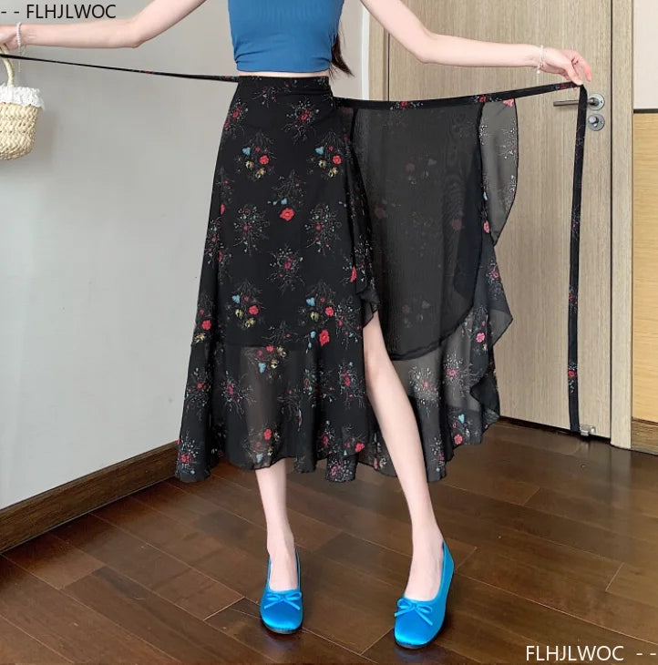 Wrap Up Chic Korea Clothes Women Cute Girls Floral Robe Holiday Beach Date High Waist Retro Vintage One-Piece Lace-Up Skirts