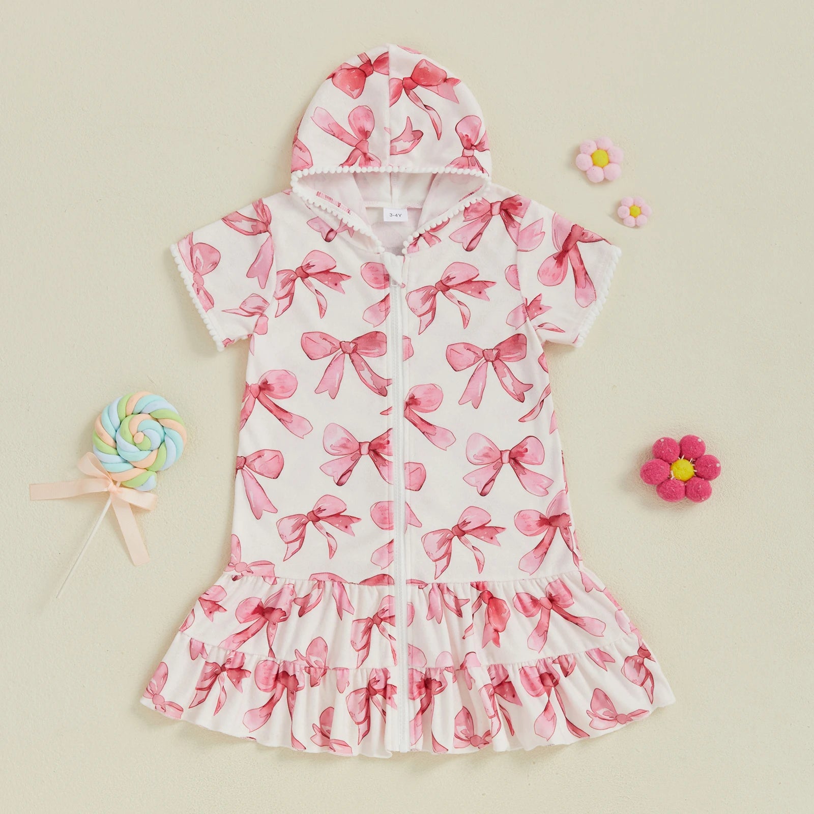 Children Baby Girls Swim Coverups Summer Beachwear Bow Print Short Sleeve  Hooded Bathrobe Absorbent Dress Zip-Up Robe Towel