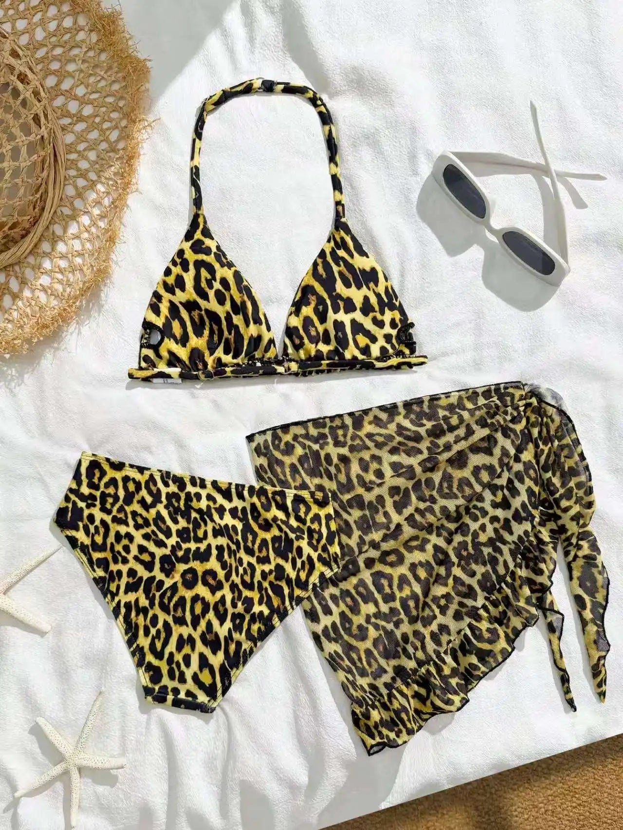 2026 Leopard Girls Swimsuit 3 Pieces Halter Triangle Bikinis Kids Swimwear Female Children's Bathing Swimming Swim Suit 8Y-12Y