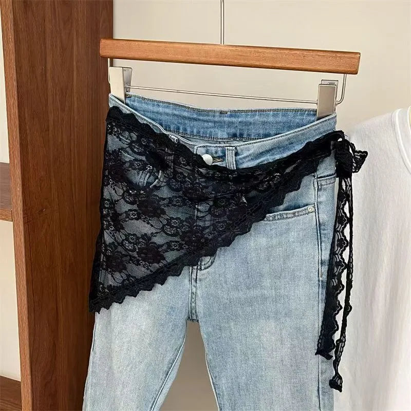 INS Blogger Lace Layered Gauze Skirt Y2k Streetwear Apron Wrap Skirt Lace Up Matching Pants Spicy Girl Stacked Y2k Wrap Skirt