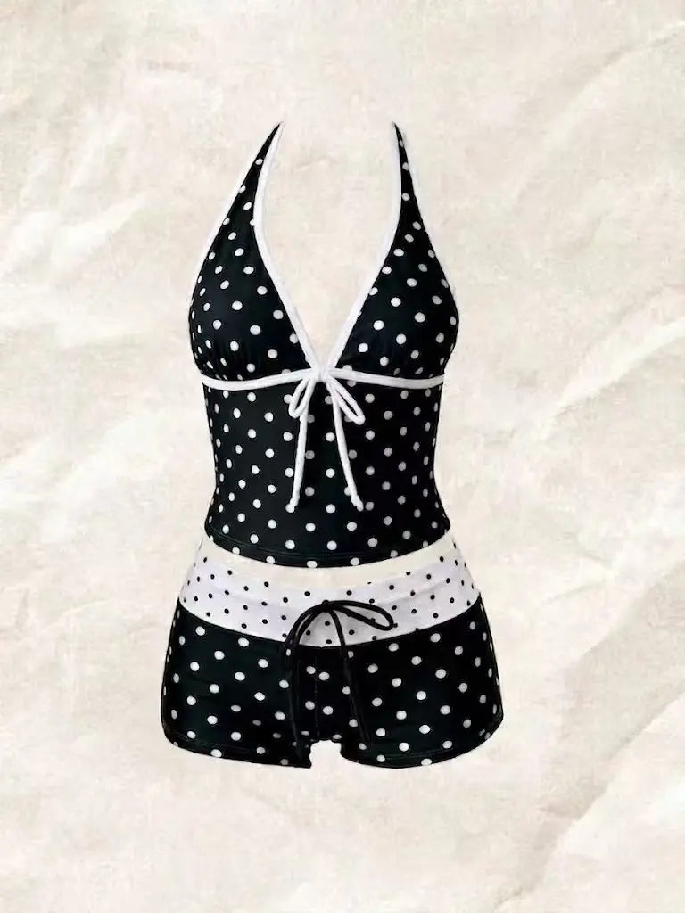 Women Swimwears Polka Dot 2-Piece Tankini Set Halter V Neck Front Tie Cami Top & Contrast Waistband Drawstring Swim Shorts
