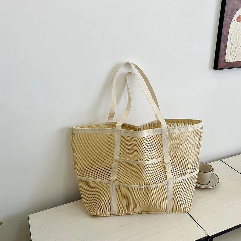 Large Capacity Canvas Beach bag Versatile Commuting Shopping Shoulder bag Lightweight Semi Transparent Mesh Hollow bag