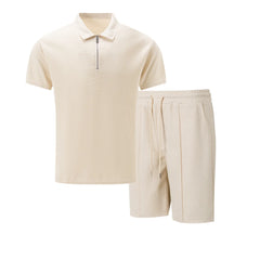 Men Europe and the United States New Summer Waffle Solid Color Zip-Up Lapel Short-Sleeve Suit Shorts Two Sets