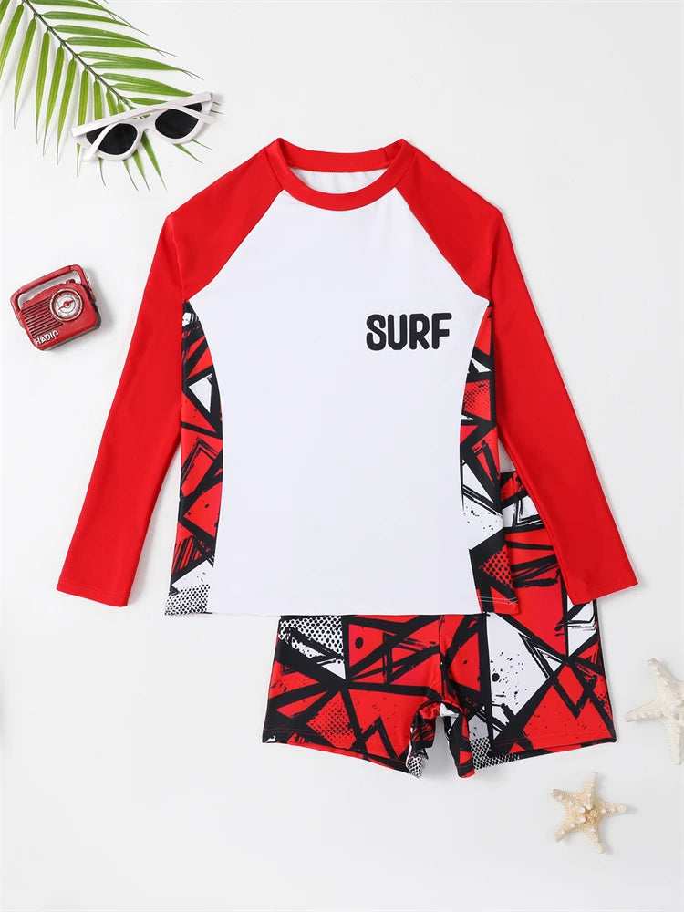 Boy Swimsuit 2026 New Geometry Print Long Sleeve Children Swimwear Summer Two Piece Kids Beach Wear Swimming Bathing Suit Men's