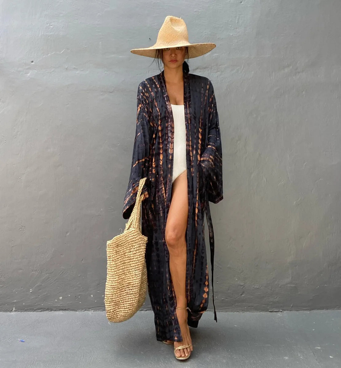 Women's Boho Stripe Tie Dye Swimsuit Cover Up with Belt Tunic Sarong Cardigan Dress Bikini Cover-ups Beach Wear Kimono