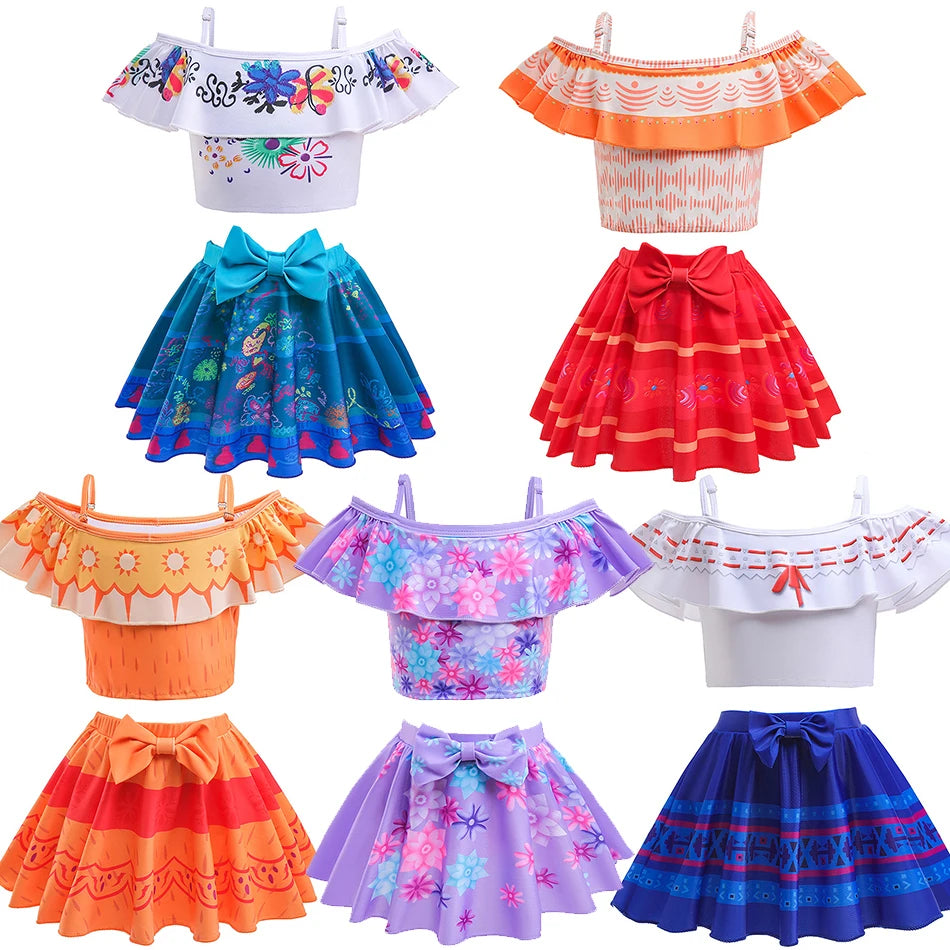 Encanto Cosplay Mirabel Isabela 2Pcs Tops Skirt Set Girls Dolores Luisa Pepa Bikini Swimwear Children Print Beachwear Costumes