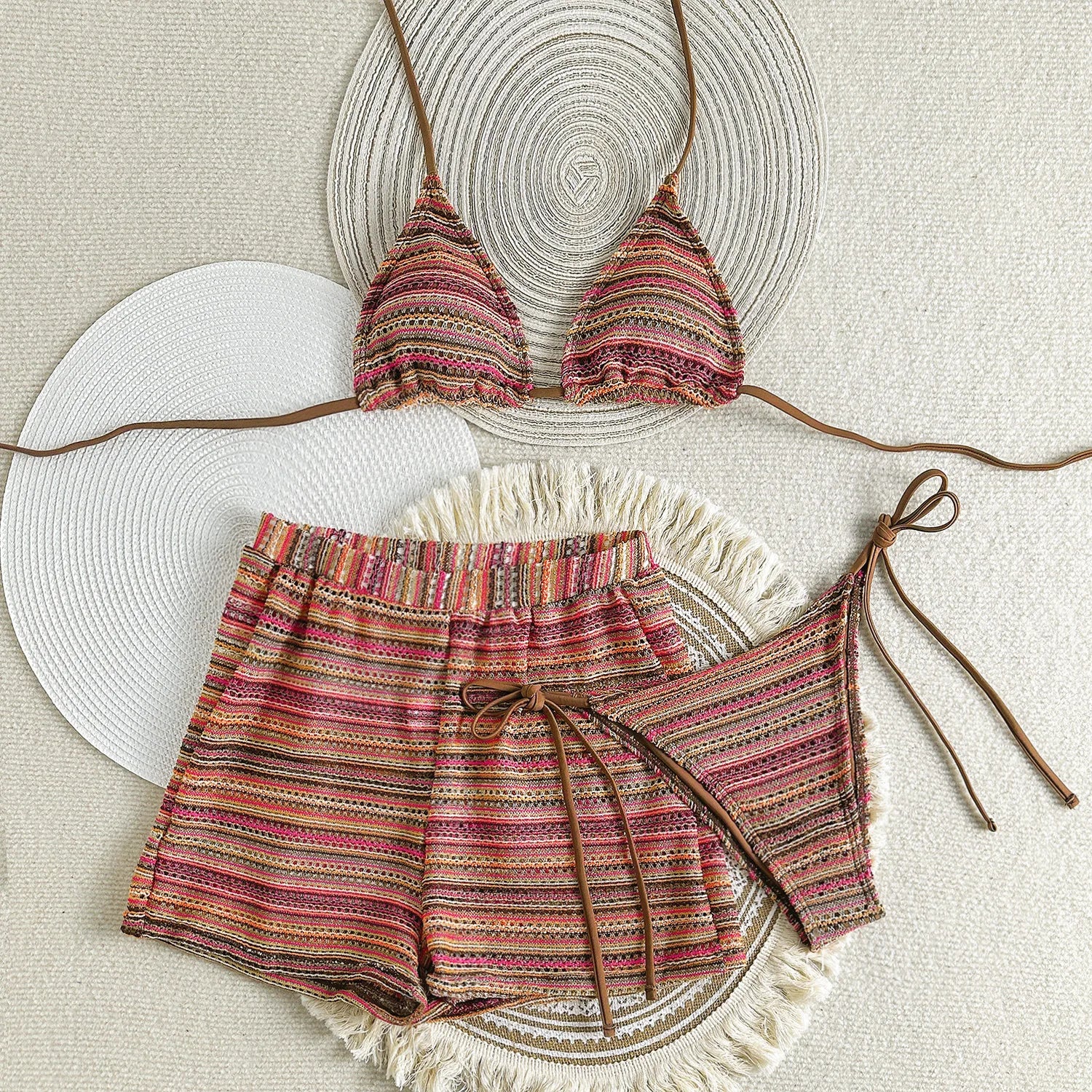 sexy knitted striped halter tie bikinis sets three pieces with shorts swimsuits beachwear bathing suit swimwear biquini tankini