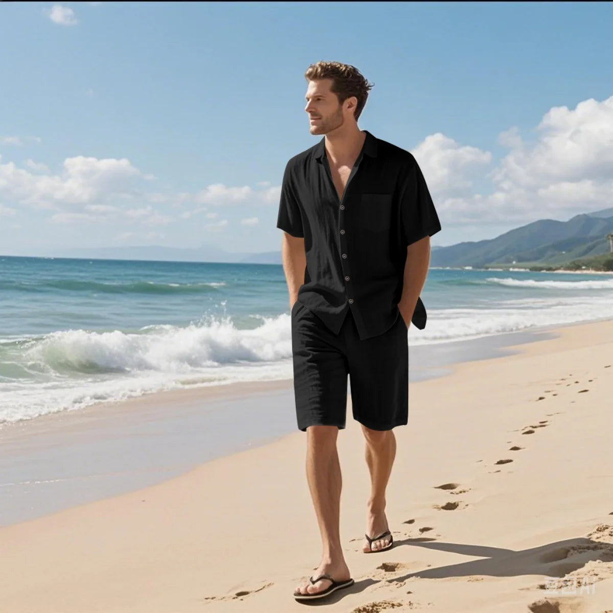 New summer men's retro cotton and linen shirt set, fashionable lapel button beach short-sleeved shirt and shorts two-piece set