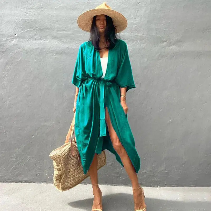 Women's Boho Stripe Tie Dye Swimsuit Cover Up with Belt Tunic Sarong Cardigan Dress Bikini Cover-ups Beach Wear Kimono