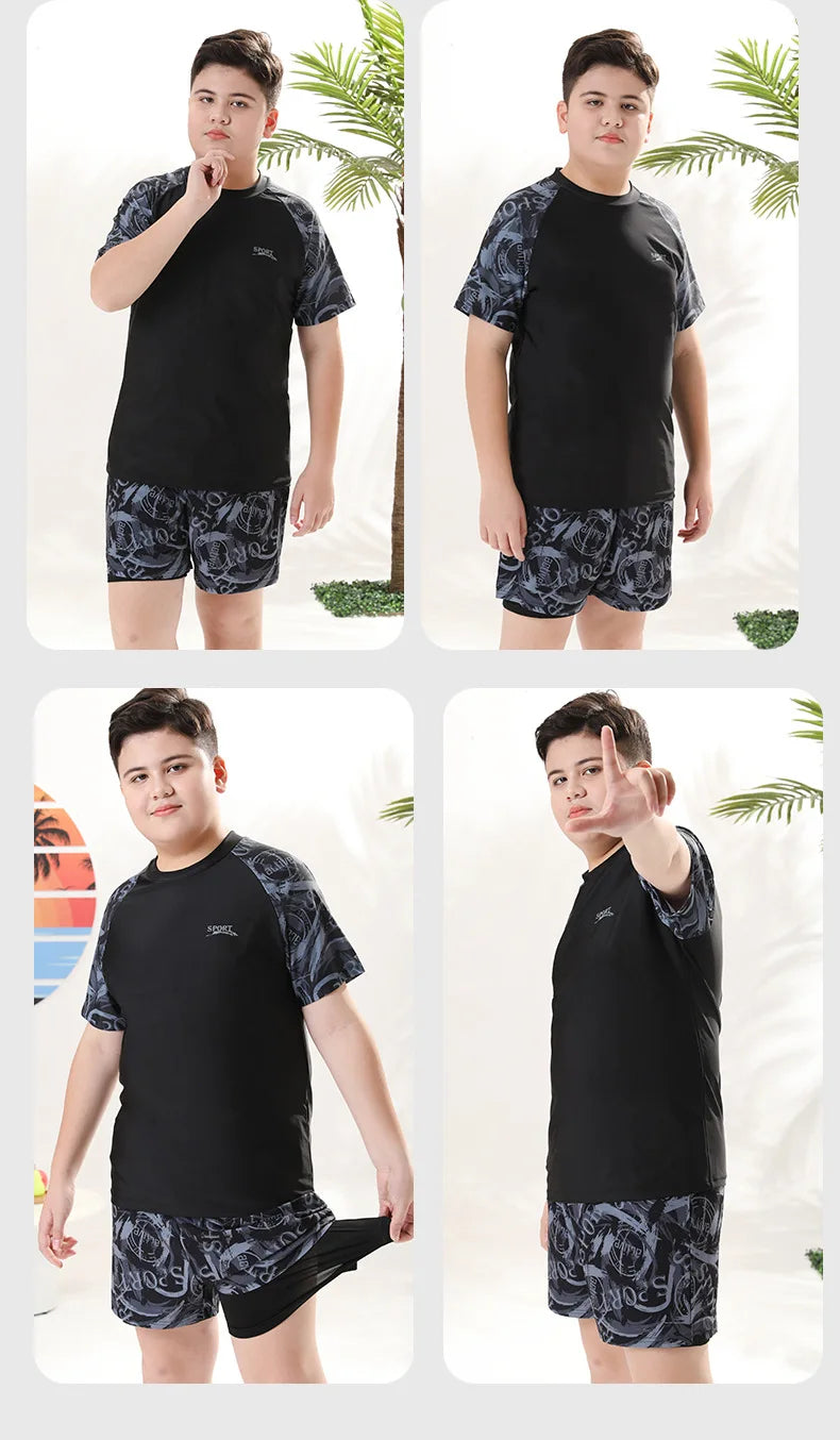Children's Swimwear with Cap, Split Body, Short Sleeve, Two Piece Swimsuit for Men, Teenagers, Boys, New, Hot Spring Set, 2024