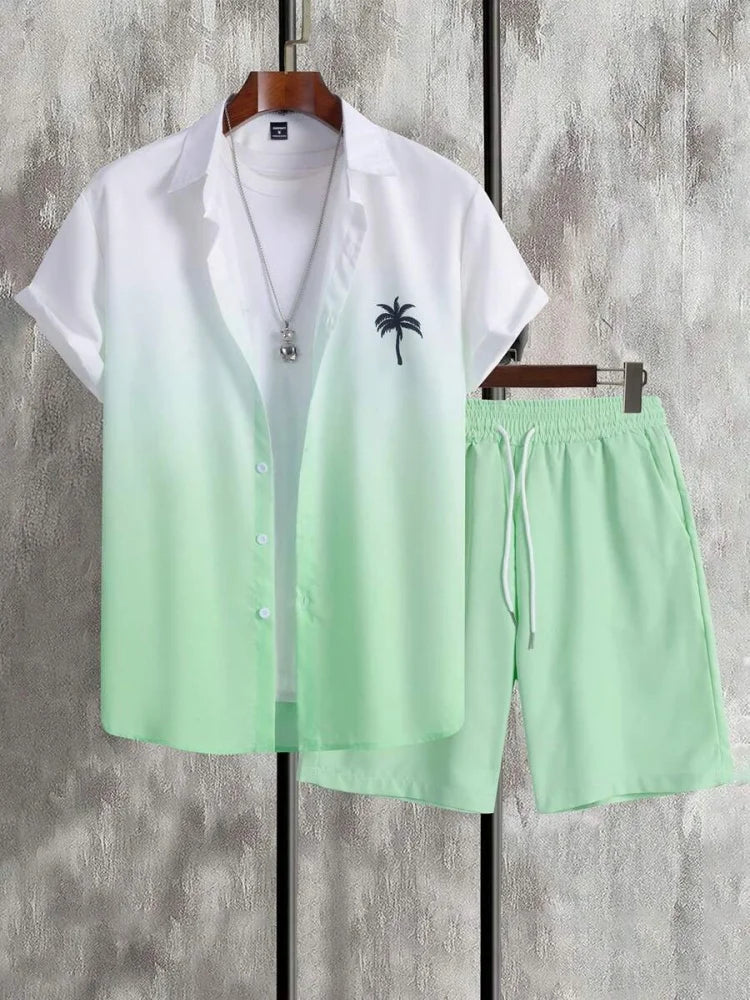 Men's Short-sleeved Shirt Set Blue Ocean Palm Tree Print Hawaiian Seaside Vacation Style Shirt Set