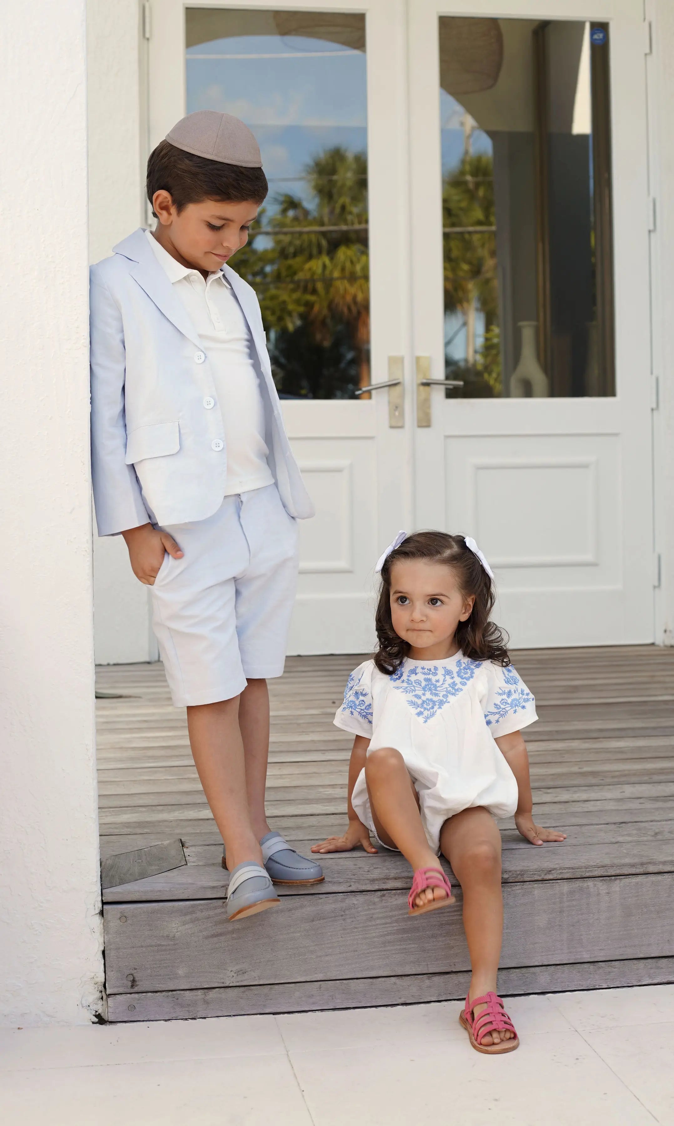 AP Cobalt Embroidery Collection Not Transparent 2025SS Girls Dress Sister Brother Matching Clothing Set Baby Romper Knit Polo