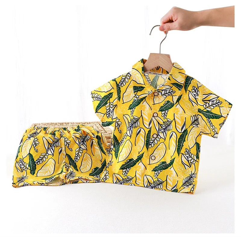 Summer Children Beach Shirt Set Boys Girls Baby Loose Printed Shirts Fashion Vacation Style Kid Short Sleeve+short Pants Outfits