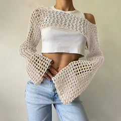 Long Sleeve Crochet Crop Top Summer Knit Hollow Out Mesh Cover Ups 2024 Women‘s Y2k Crochet Tops Pullover Streetwear