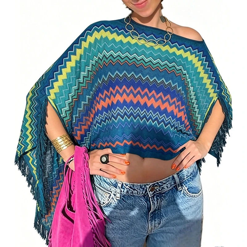 Combhasaki Women Knitwear Bikini Cover-up See-through Solid Off Shoulder Irregular Triangle Hem Loose Pullover Summer Beach Tops