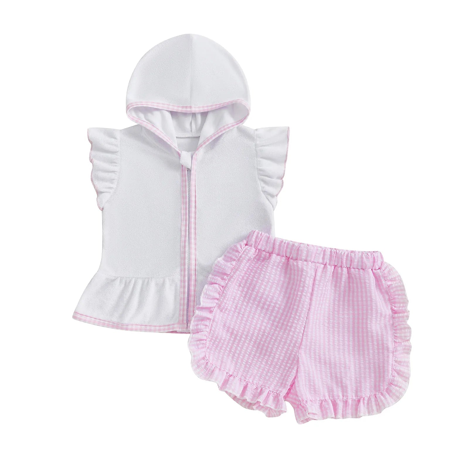 MISOWMNJOY Children Girls Beach Clothes Set Cute Flying Sleeve Zipper Hood Tops with Ruffled Plaid Shorts Summer Toddler Outfits