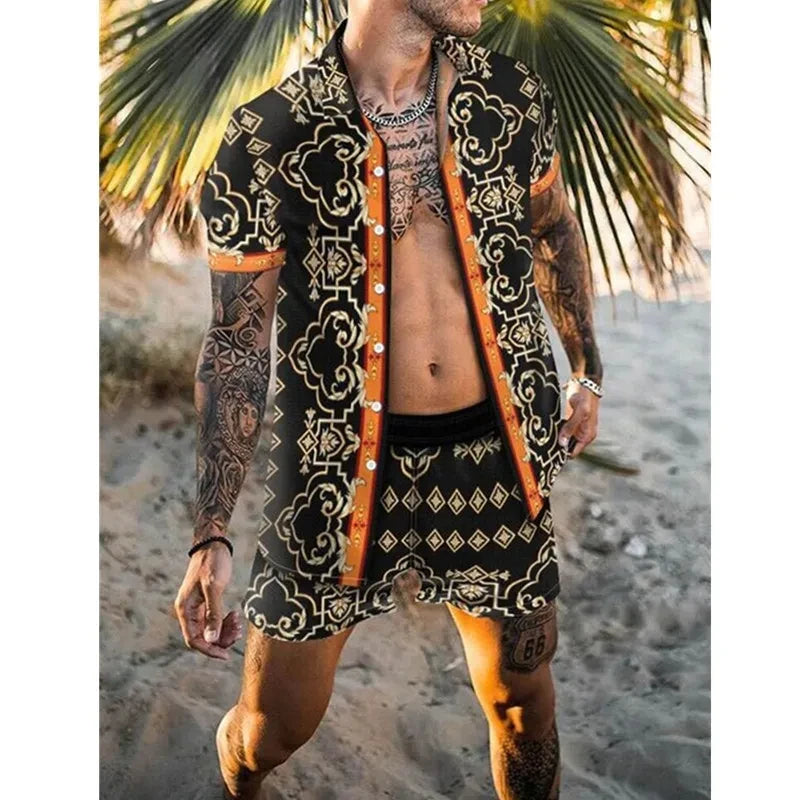 Men Hawaiian 2Pcs Sets Summer 3D Printing Short Sleeve Shirt Beach Button Shorts Streetwear Shirt Holiday Men's Two Piece Suit