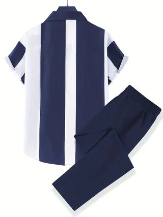 2-Piece Printed Men's Summer Short-Sleeved Button-Down Shirt and Pants Set