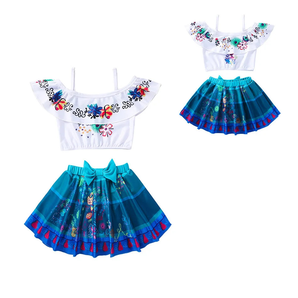 Encanto Cosplay Mirabel Isabela 2Pcs Tops Skirt Set Girls Dolores Luisa Pepa Bikini Swimwear Children Print Beachwear Costumes