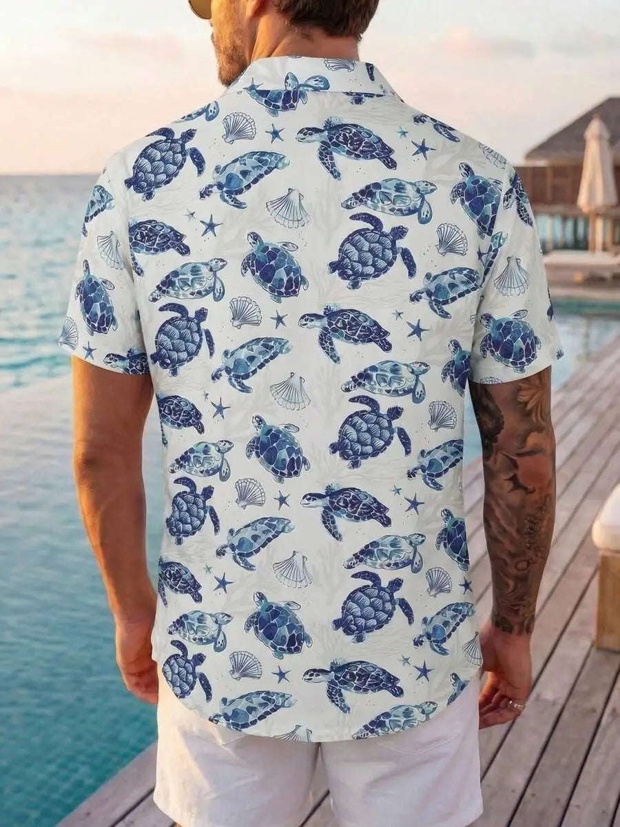 Men Sea Turtle Print Casual Shirt Hawaiian Style Holiday Beach Wear