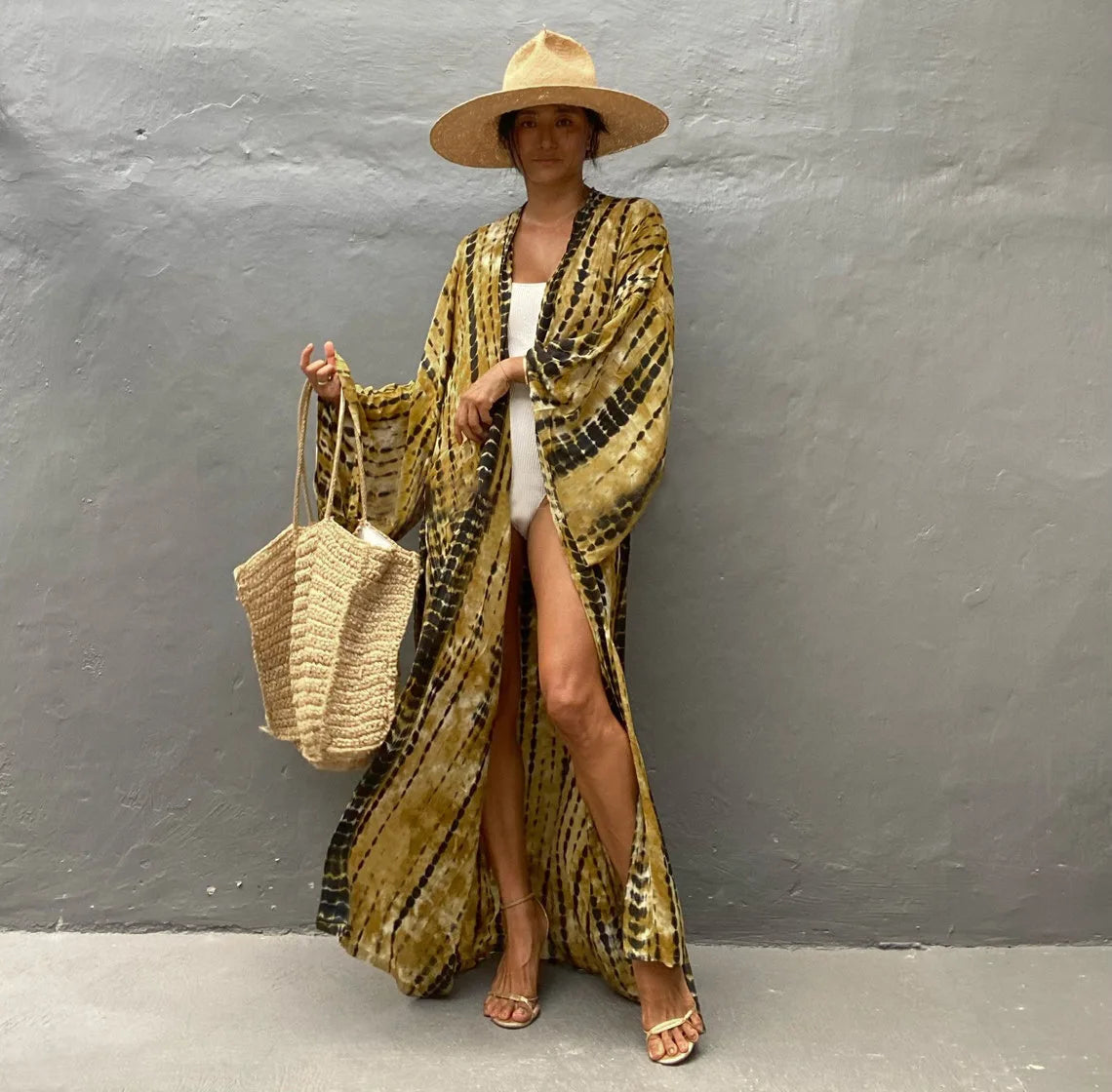 Women's Boho Stripe Tie Dye Swimsuit Cover Up with Belt Tunic Sarong Cardigan Dress Bikini Cover-ups Beach Wear Kimono